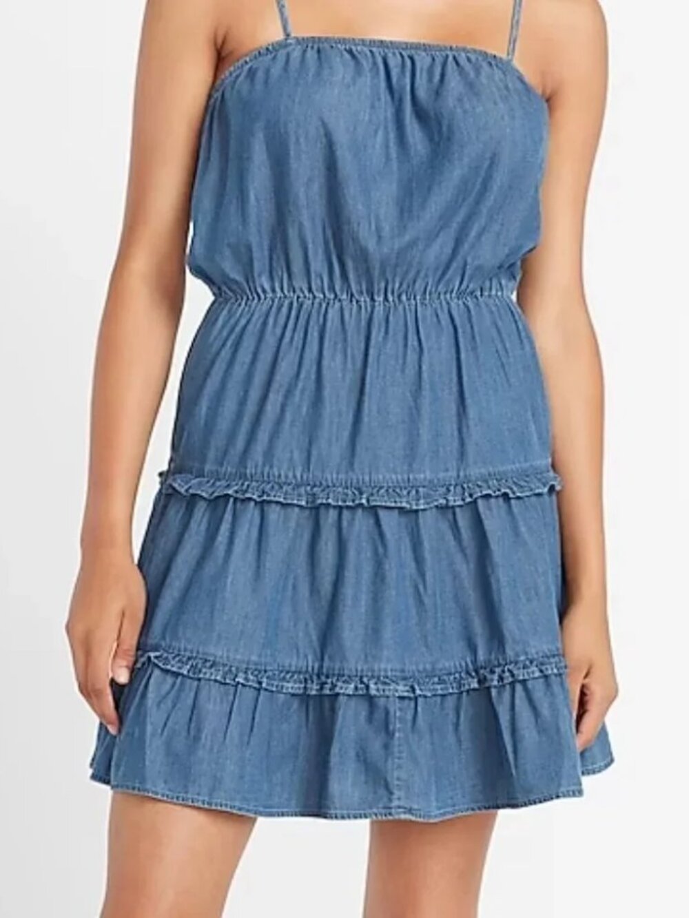 EXPRESS Denim Square Neck Tiered Mini Dress Size L